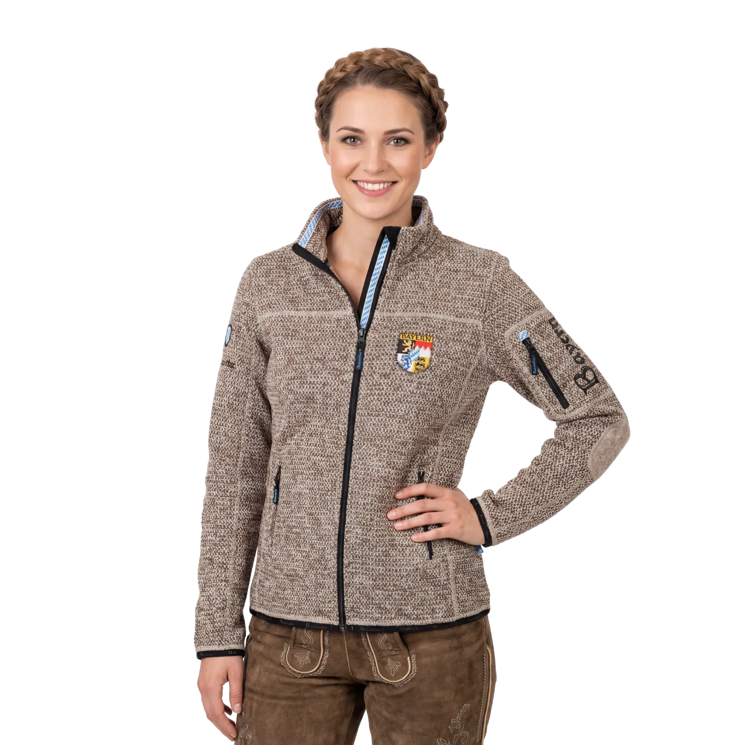 Braune Trachten Fleece Jacke für Damen mit Bayern Stickerei #Farbe_Hellbraun