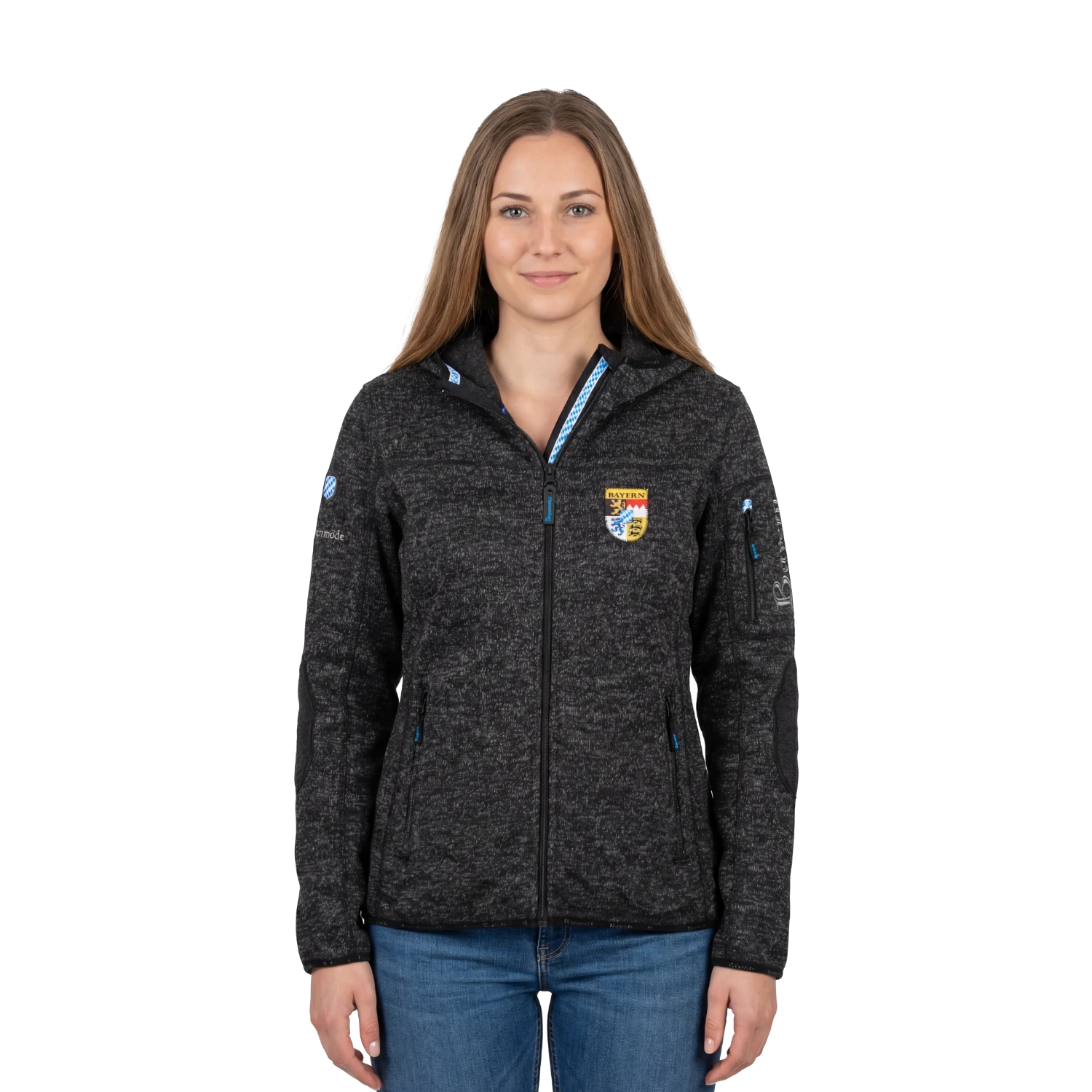 Damen Kultjacke mit Kapuze schwarz Bayern Stick #Farbe_Schwarz