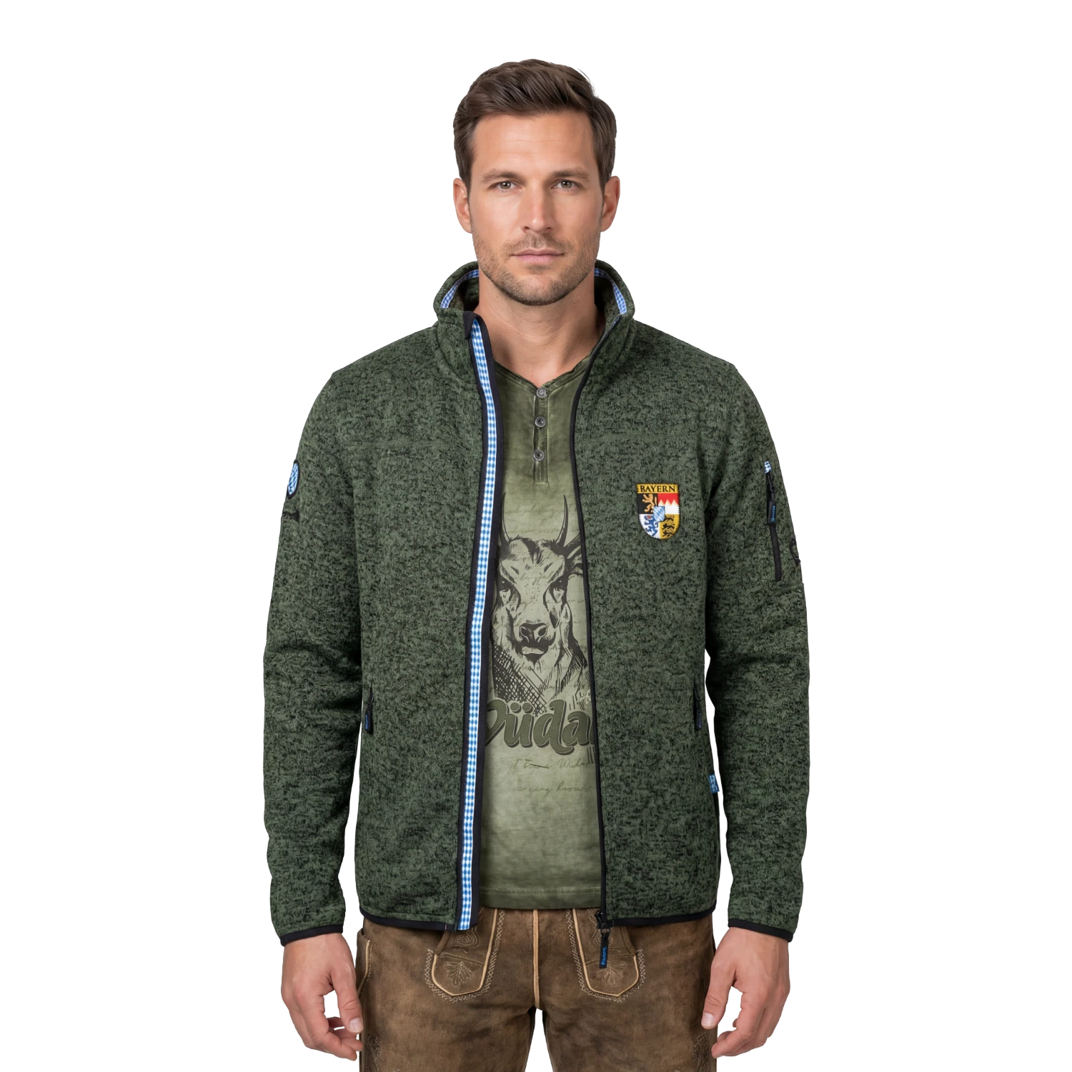 Dunkelgruene Trachten Fleece Jacke Herren Bayern Stick #Farbe_Dunkelgrün