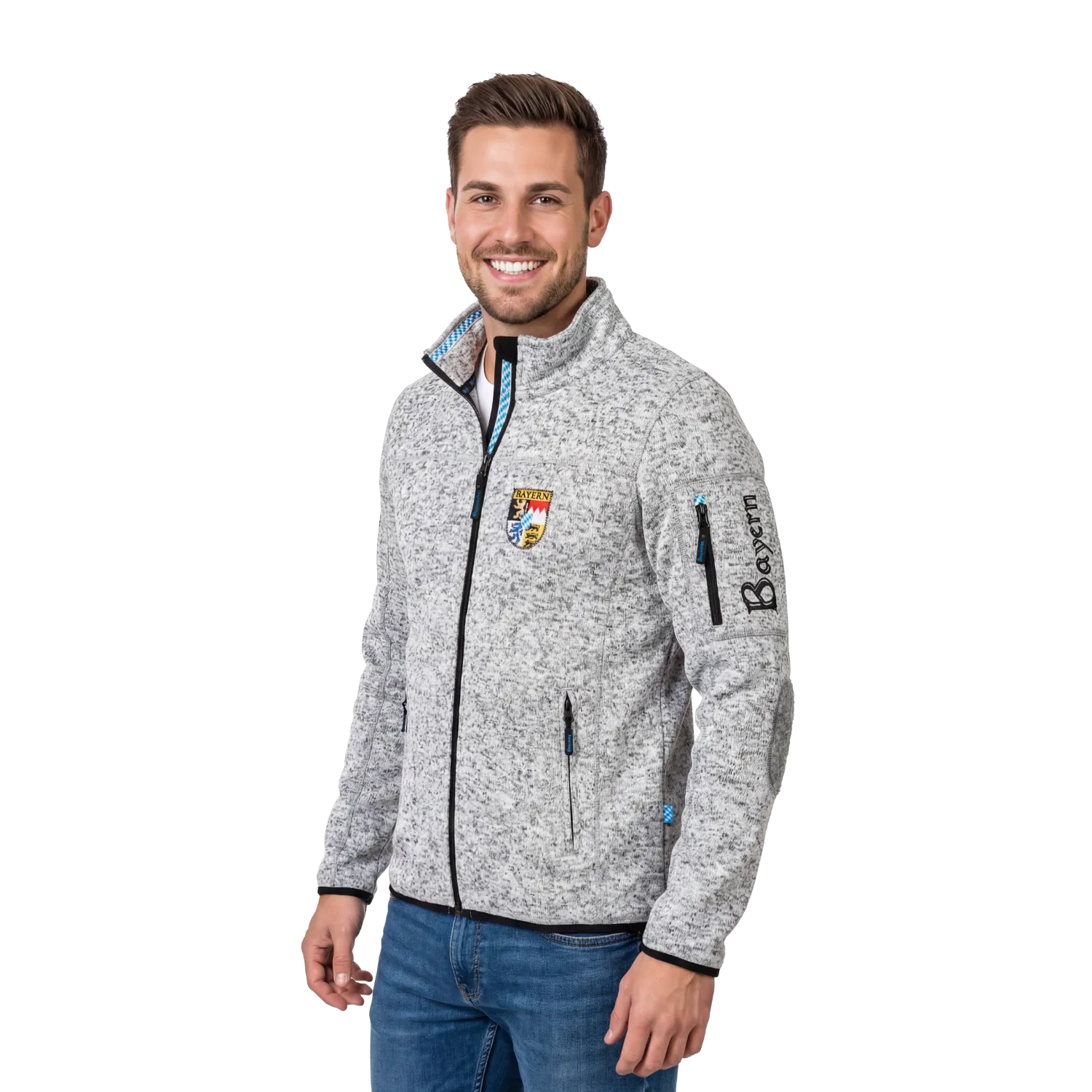 Hellgraue Fleece Jacke ohne Kapuze Bayern Motiv #Farbe_Hellgrau