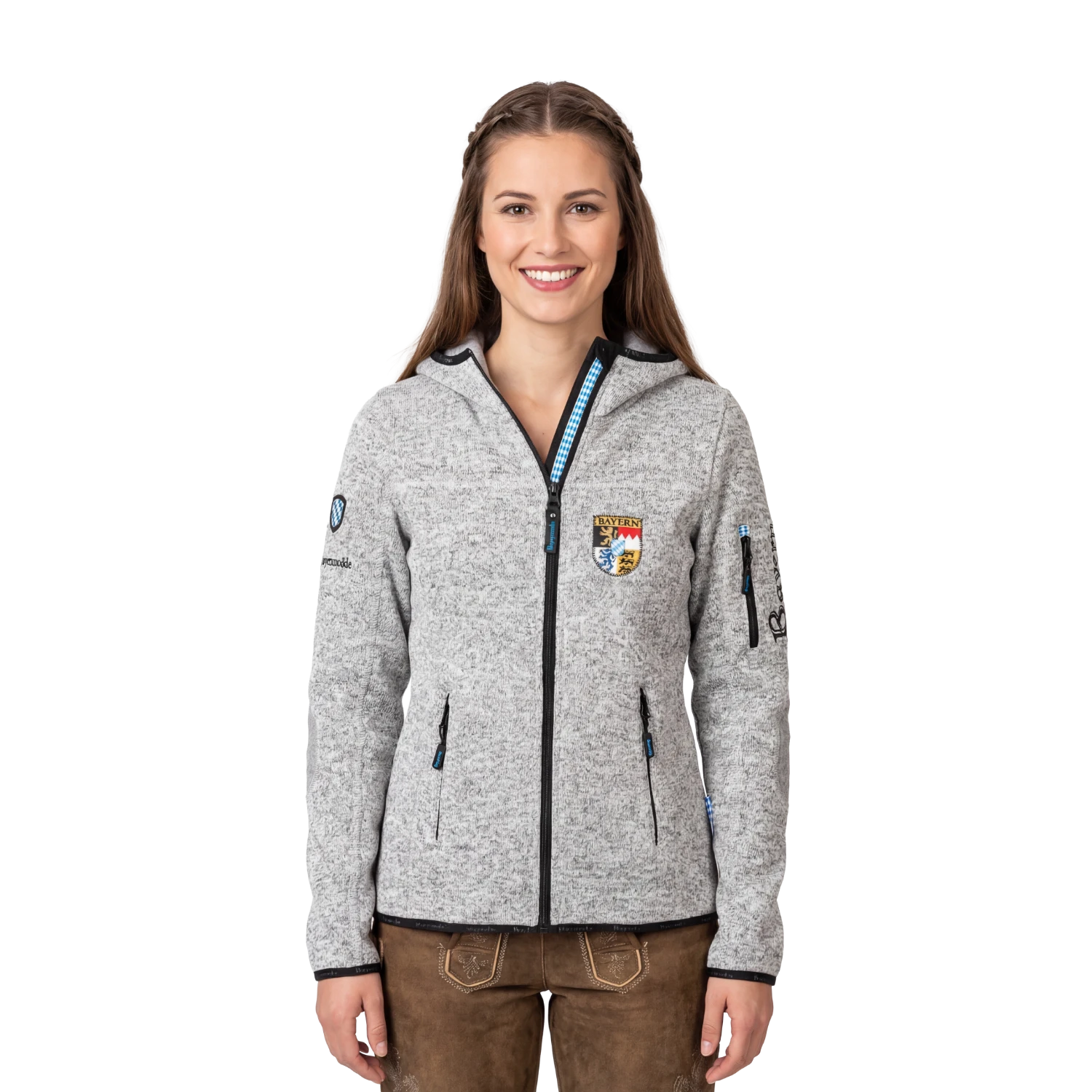 Hellgraue Trachten Fleece Jacke für Damen Bayern Stickerei #Farbe_Hellgrau