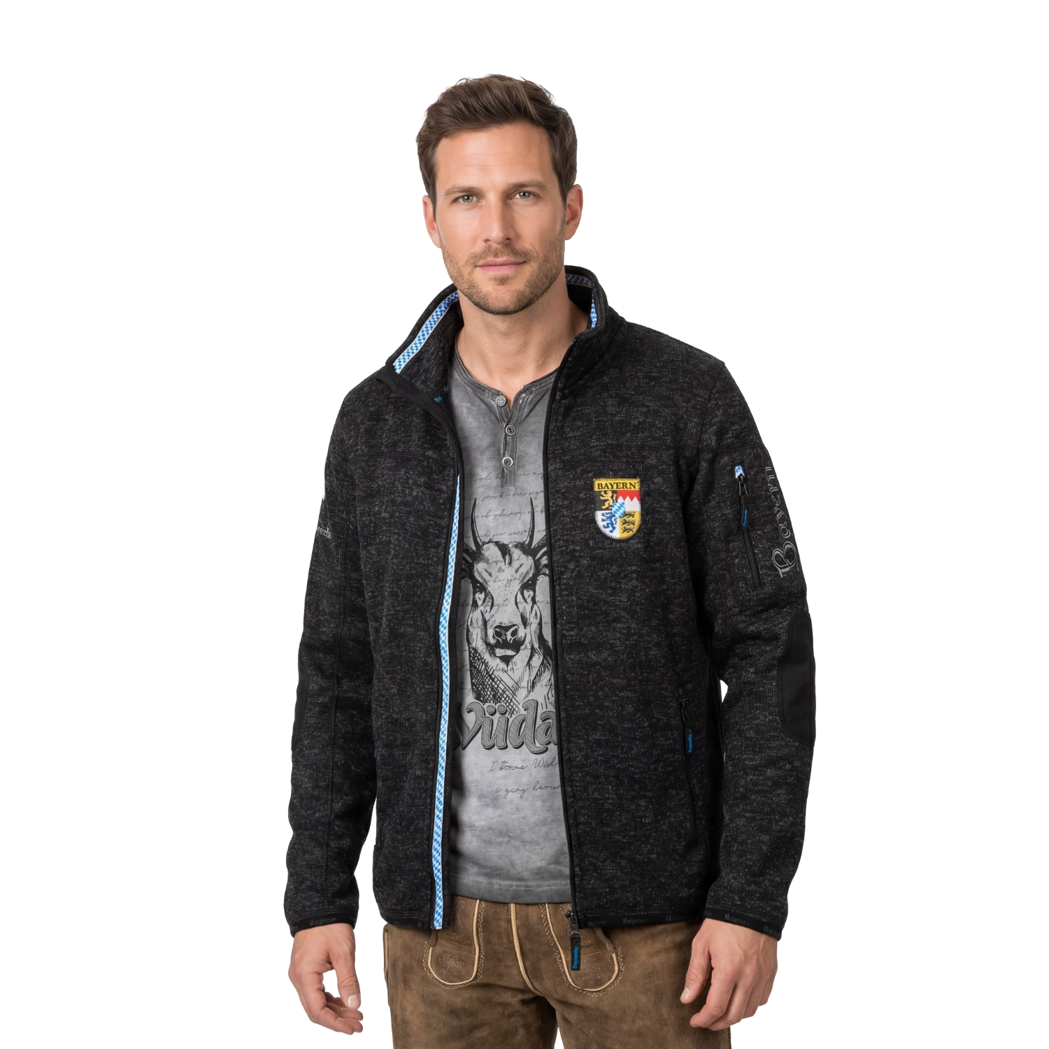 Schwarze Trachten Fleece Jacke Herren Bayernmode #Farbe_Schwarz