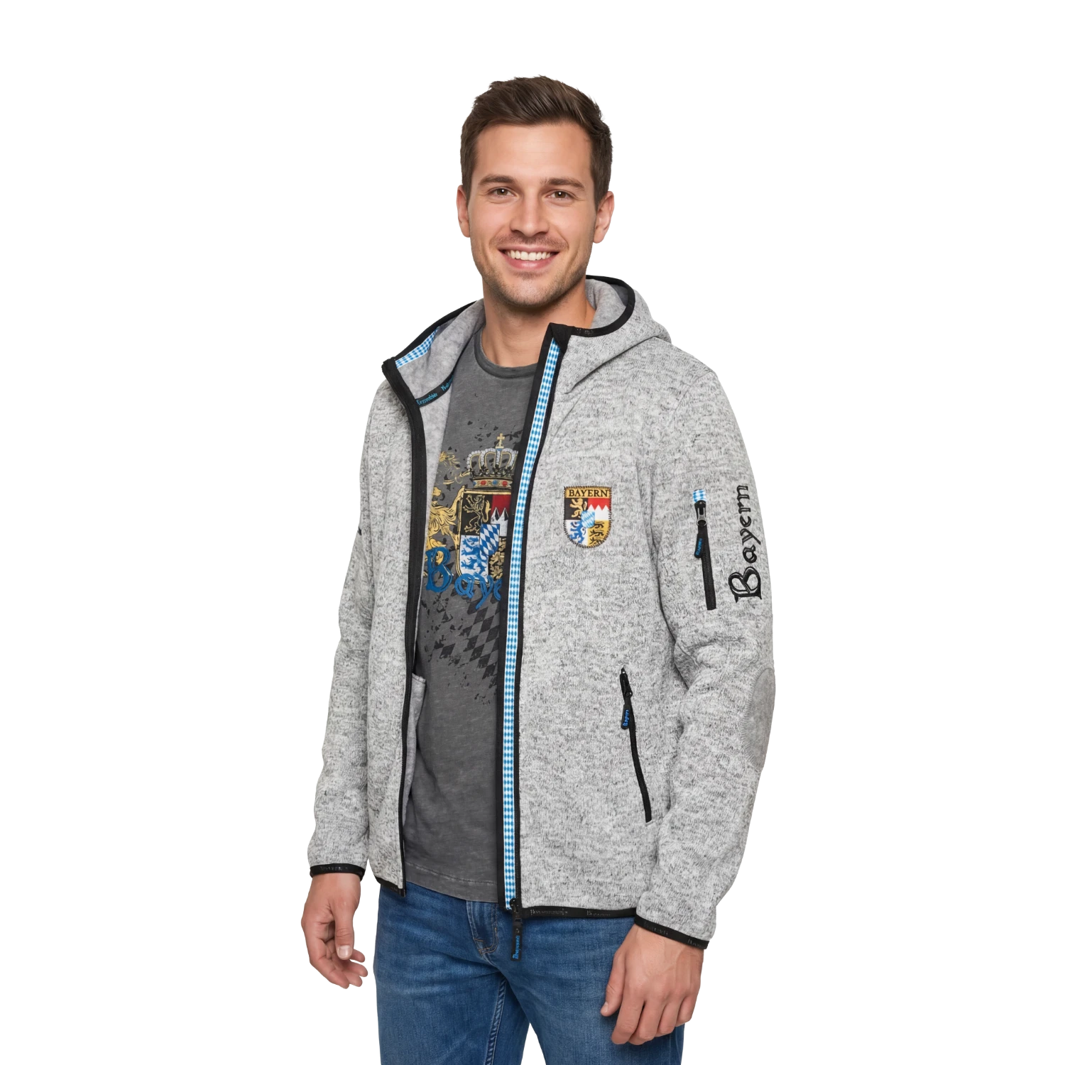 Hellgraue Bayern Strickfleece Jacke für Herren #Farbe_Hellgrau