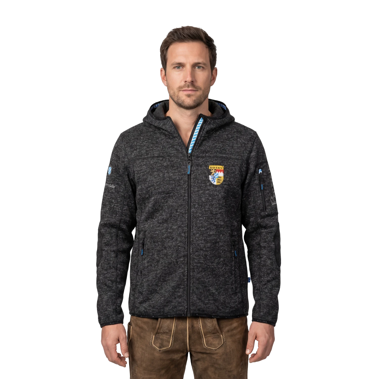 Schwarze Trachten Jacke Strickfleece Herren Bayern Stickerei #Farbe_Schwarz